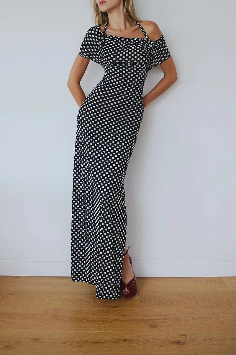 Mozision Off-shoulder Polka Dot Maxi Dress For Women Gown Fashion Halter Sleeveless Backless bodycon Split Long Dress Elegant