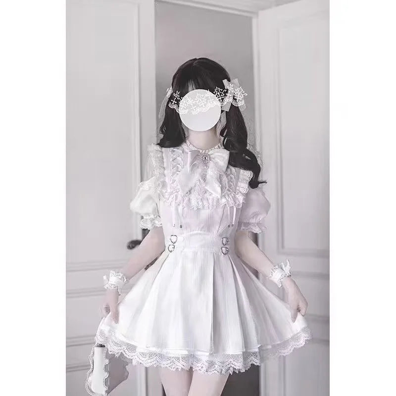 Summer Gothic Lolita Sweet Lace Mini Dress Set Long Sleeved Bow Y2k Aesthetic Fashion Dress Slim Japanese Kawaii Suit Chic