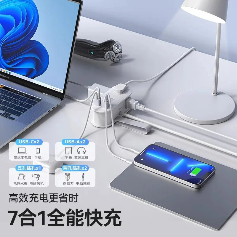 65W GaN Fast Charging Power Strip 7-in-1 Multi USB-A/C Port for Phone Laptop with Overcharge Protection Portable Travel Adapter