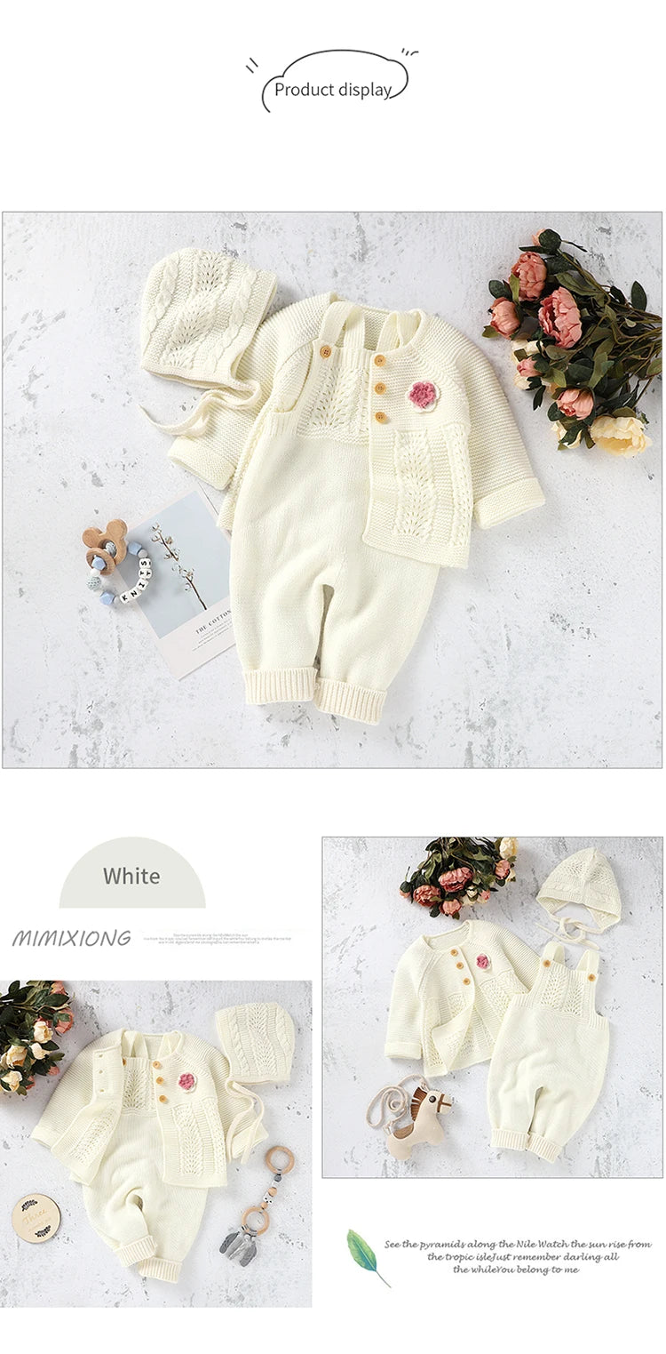 Baby Romper Set Knit Autumn Newborn Girl Boy Long Sleeve Coat Jumpsuit Outfit Hat 3PC Fashion Solid Infant Clothing Suit Sweater