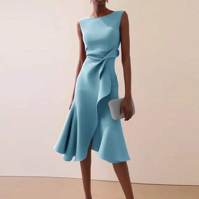 Sexy Women Elegant O Neck Solid Commute Knot Slim Ruffled Irregular Summer Sleeveless A-Line Hight Split Wedding Party Dresses