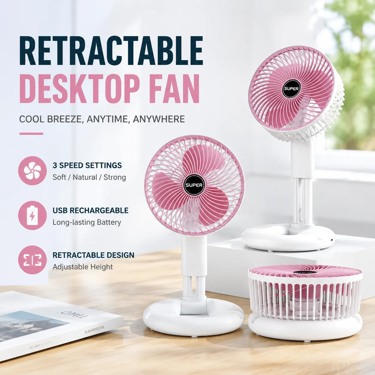 3-in-1 Telescopic Cool Fan USB Charing Folding Desktop Circulator 3-Speed No-Drill Wall Mount Electric Fan for Dorm Home Office