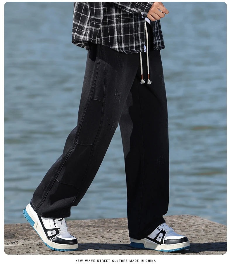 Jeans men's American high street vintage washed crease splicing men's spring and fall models loose straight pants