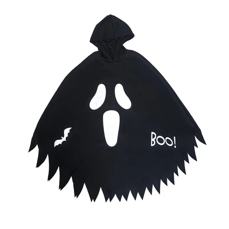 Halloween children's costumes - glowing white scream ghost face, ghost cape, party dress, dance costume