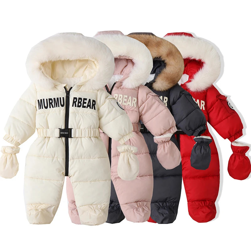 Winter Newborn Baby Jumpsuit Thicken Baby Clothes Plus Velvet Warm Baby Rompers With Gloves Hooded Infant Snowsuit Clothing