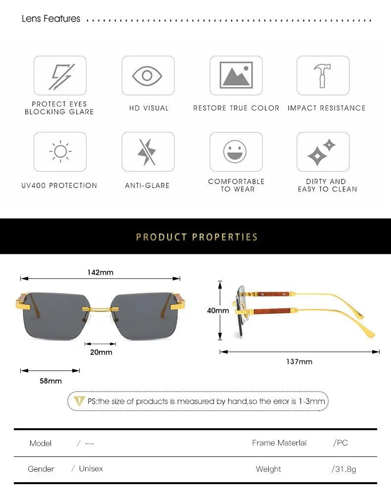 Rimless Sunglasses Rectangle Fashion Popular Women Men Shades New Square Sun Glasses For Female Male Summer Traveling Oculos