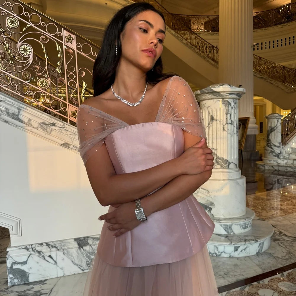 Bella Customized Pink Sequins Mesh Fabric Satin robes de soirée Strapless Evening Dresses Sleeveless A-line Wedding Dress 2024