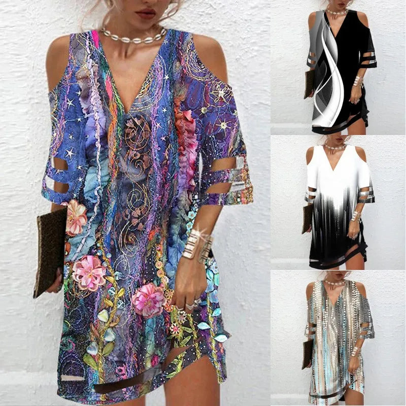 Women Sexy Off Shoulder Mesh Patchwork Elegant Party Dresses Summer Fashion Printed V Neck Half Sleeve Loose Midi Dress Vestidos