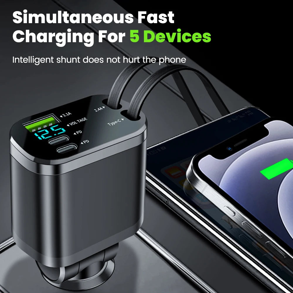 150w Car Charger USB+ Dual Type-C+Dual Type-C Stretching Cable PD Fast Charging Car Phone Digital Display Adapter For Cellphones