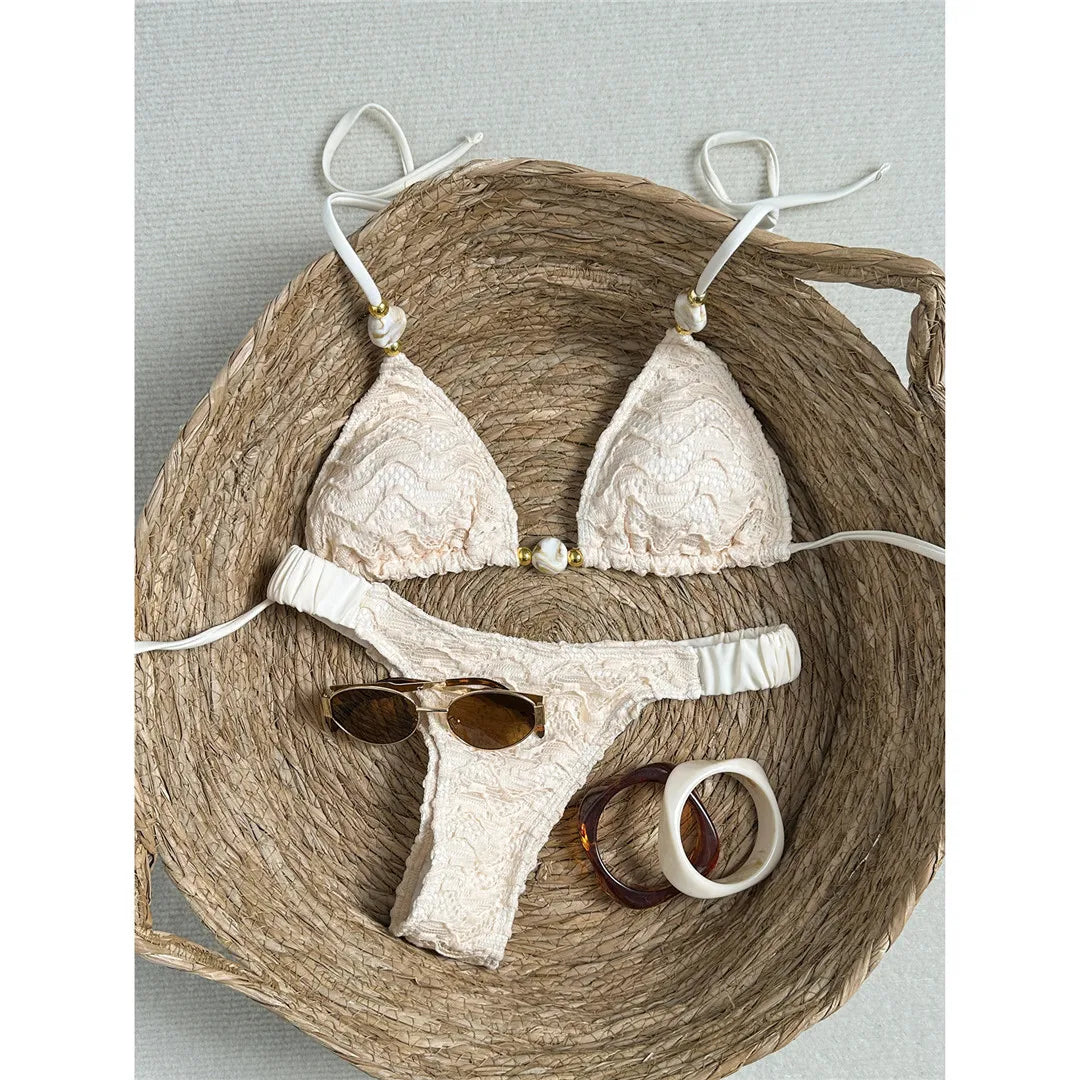 2026 Wrinkled Crinkled Halter Bikini Women Swimwear Female Swimsuit Two-Pieces Bikini Set Padded Bather Bathing Suit Swim V8135