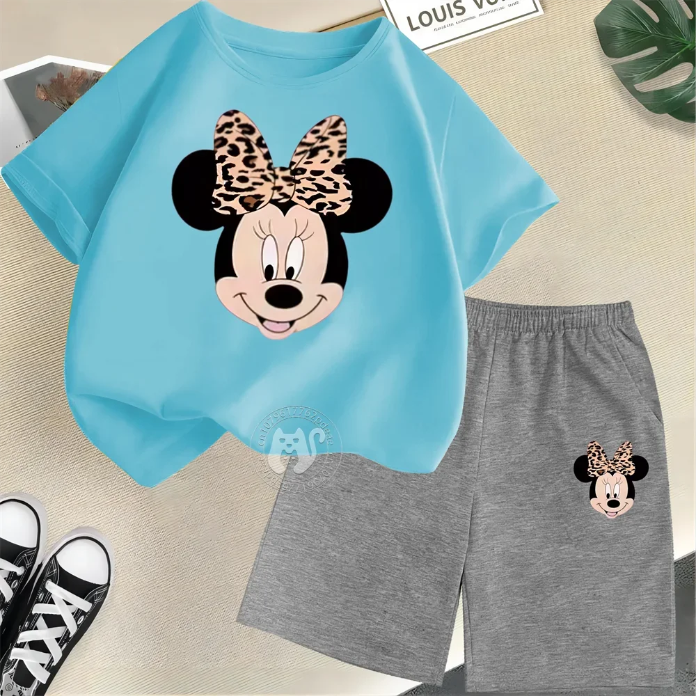 Summer Cartoon Boys & Girls 100% Cotton T-shirt + Shorts Kids Disney Open Minnie Print Fashion Street Boys & Girls Casual Suit
