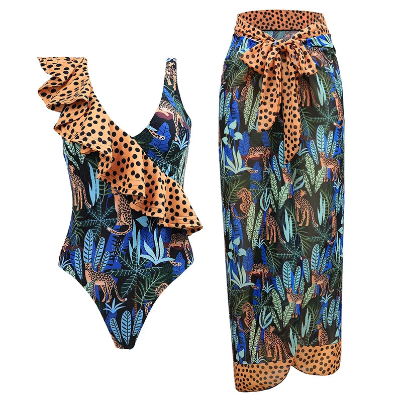 2024 Sexy Sling Ruffle Solid Two Pieces Bikini Women High Waist 3D Flower Swimsuit Skirt Summer Backless Beachwear Bathing Suit