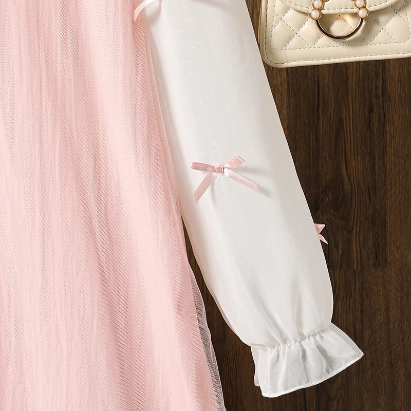 2025 Kids Clothing Autumn New Dress Pink O-Neck Long Sleeve A-Line Dress For Girls 8-12 Years Pretty Princess dress Party Set