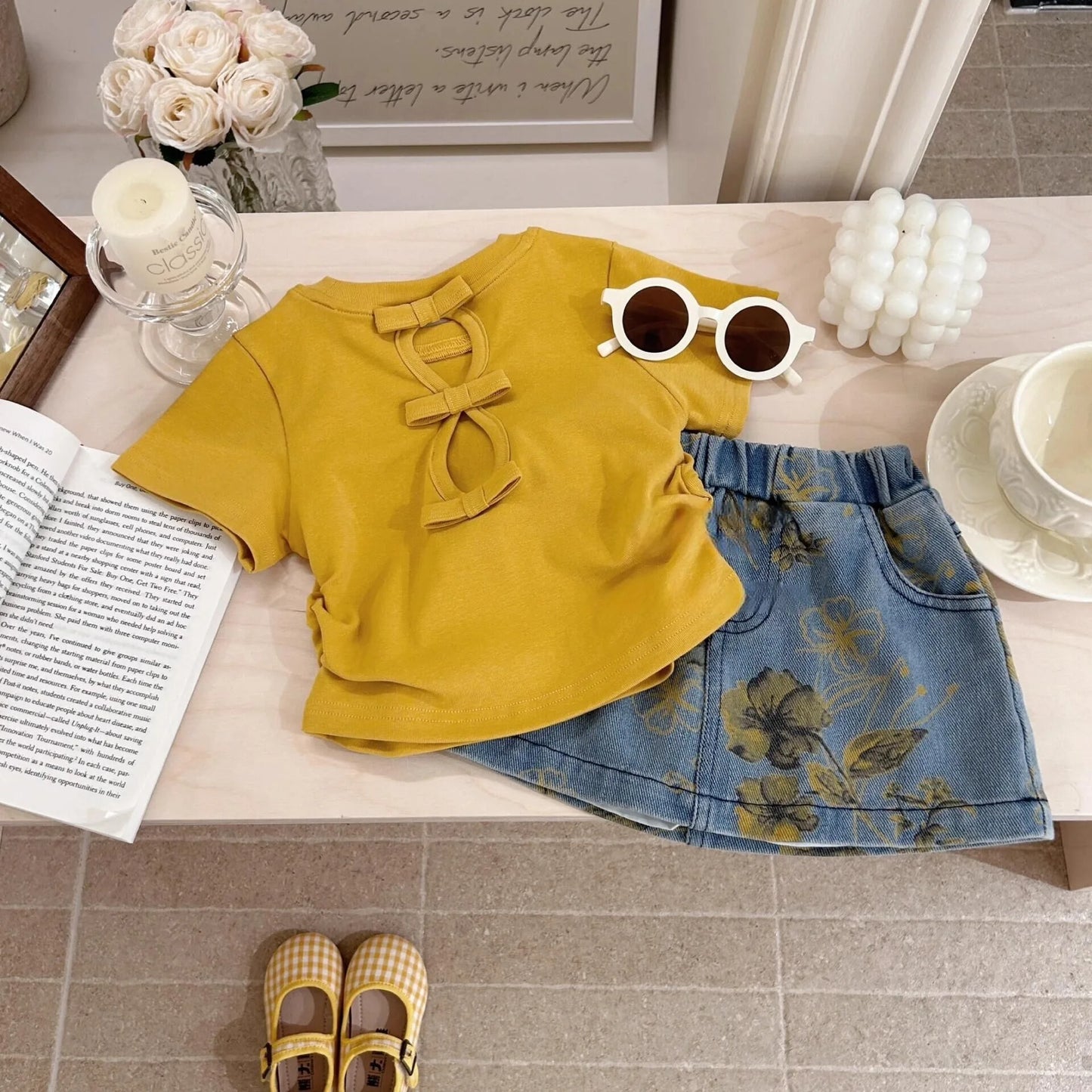 Girls' Summer Clothing New Style Kindergarten Baby Western Bow T-shirt Denim Short Skirt Two Piece Set Western Trendy