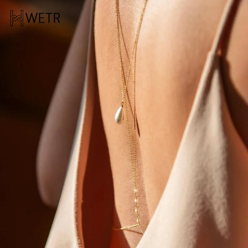 Simple Multilayer Pearl Back Drop Chain Necklace Women Fashion Metal Long Backless Body Chain Bride Wedding Jewelry Accessories