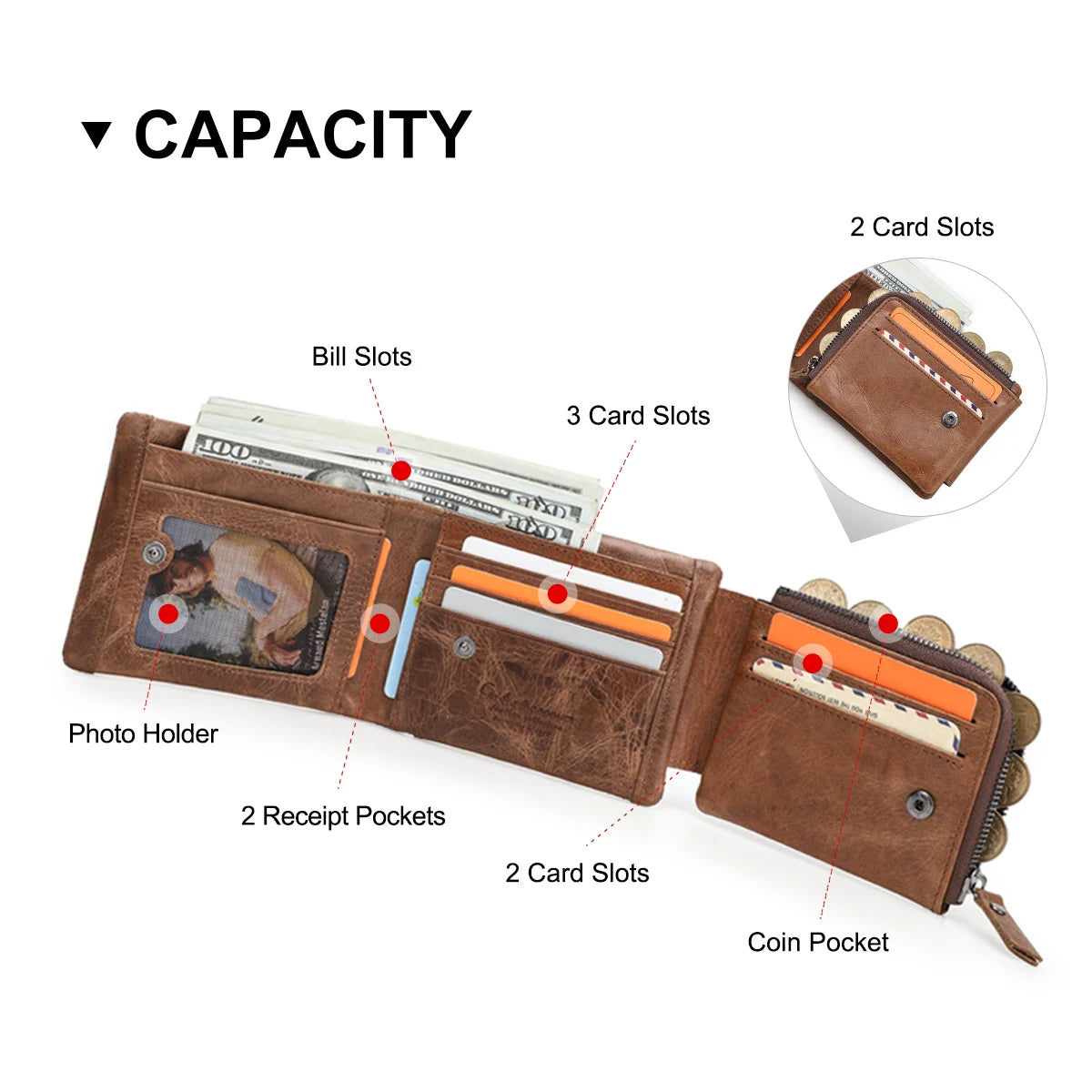 CONTACT'S Genuine Leather Men Wallet Vintage Trifold Hasp Wallet Zipper Coin Purse Card Holder Money Clip Men's Wallets