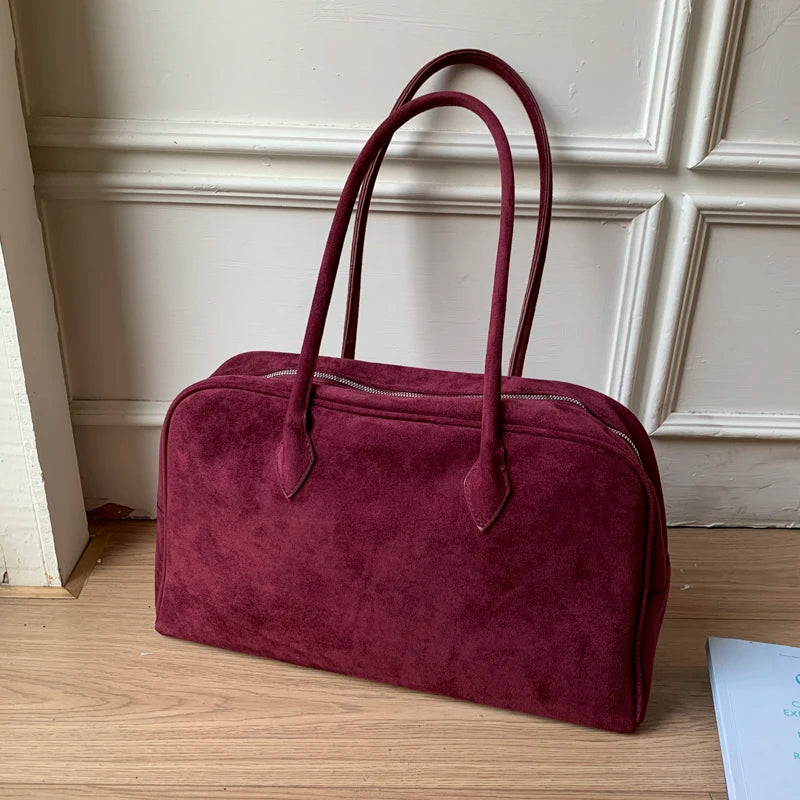 Vintage Women Business Shoulder Bags Simple Ladies Commute Tote Bag Suede Leather Female Underarm Bag Burgundy Large Handbags