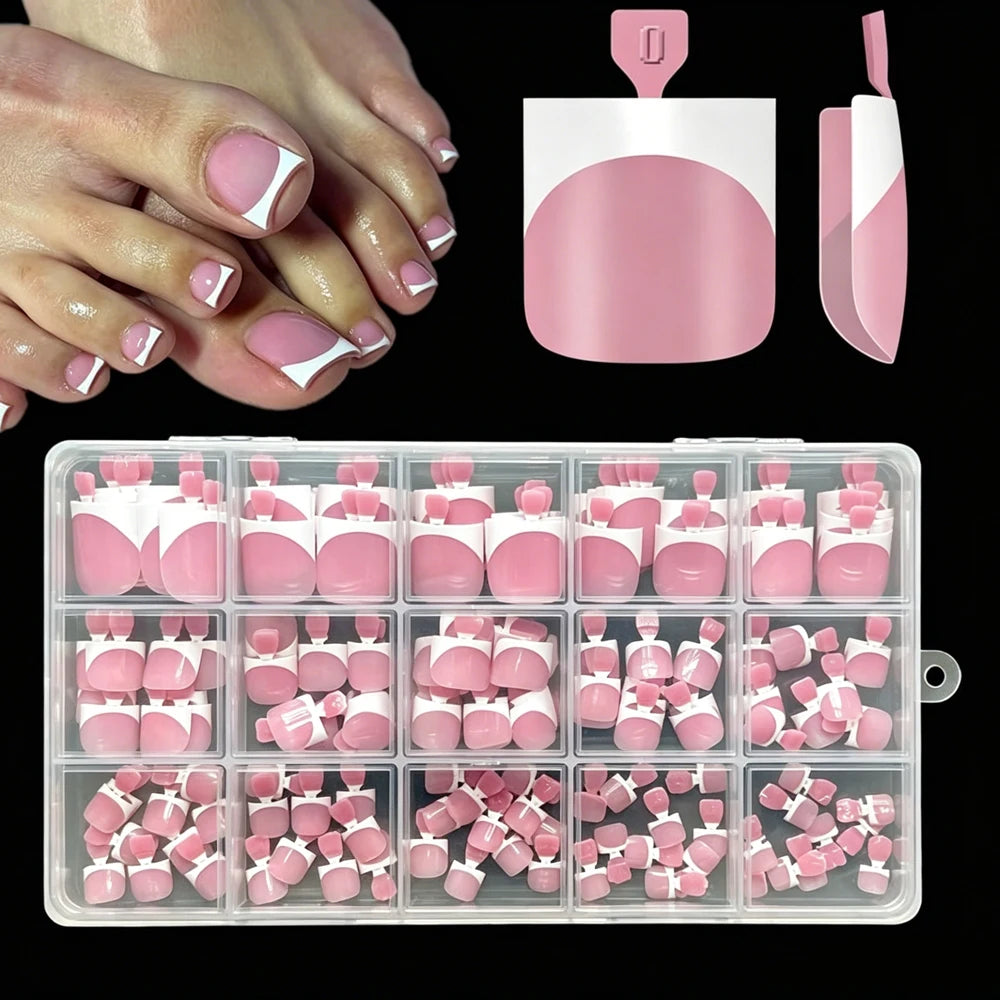 150pcs Light Pink Short Square Press On Toenails Matte White French Tip False Toenails Full Cover Toenail Extension Tips 15size%