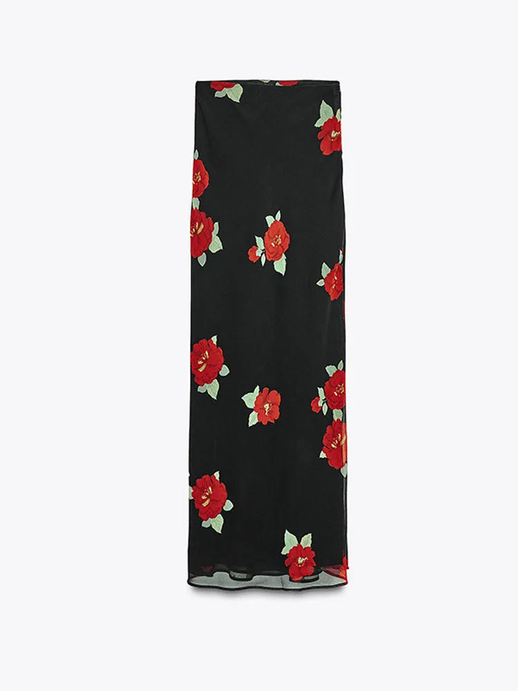 Summer 2-piece Suit Print Flower Mesh Slit Hip-covering Skirt Halter Top Suit Women's Fashion Causal Woman 2 Piece Set Outfit
