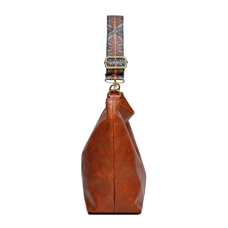 Fashion Minimalist Retro Leather Shoulder Tote, Trendy Printed Strap Design for Street Style and Weekend Outings