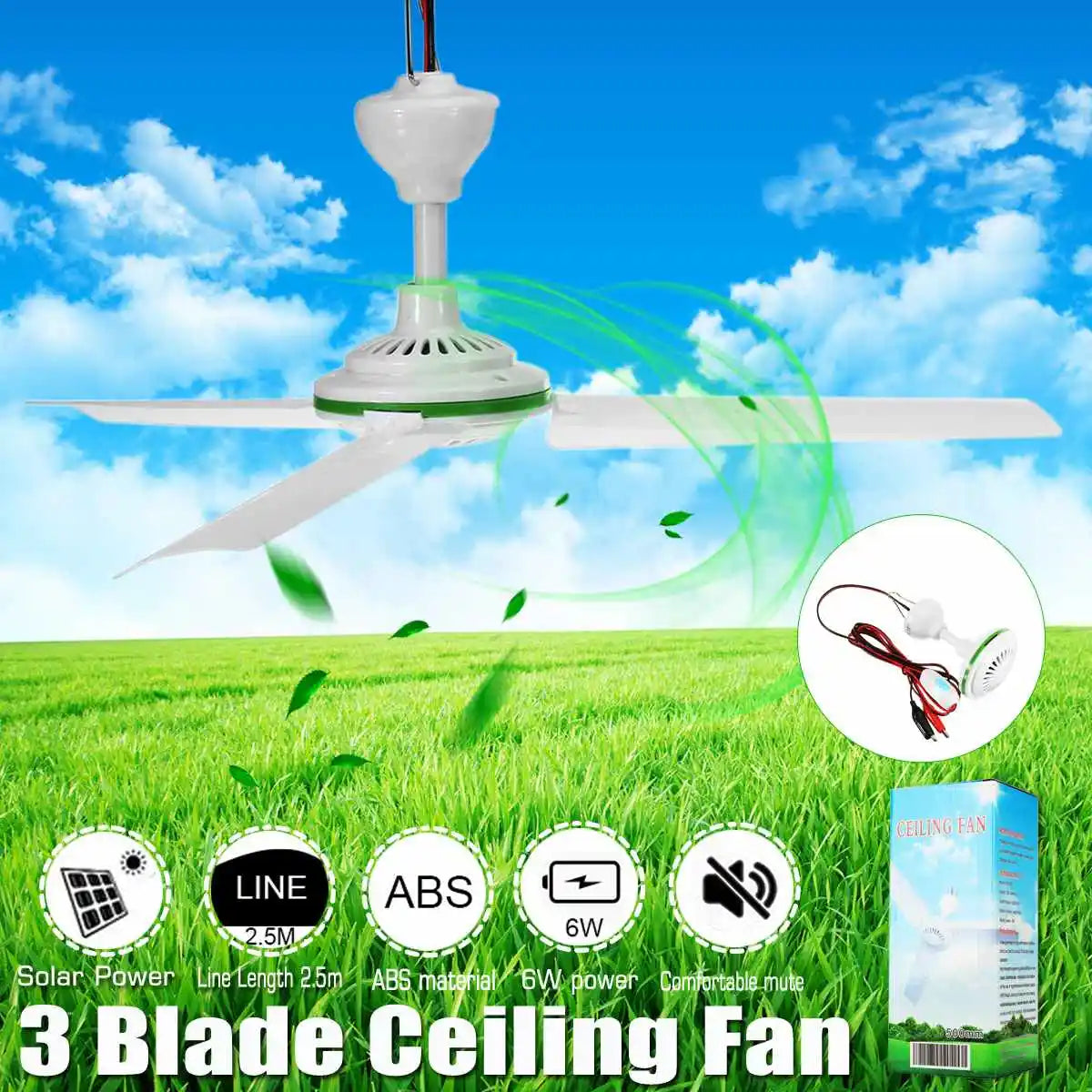 Environmental-friendly 12V 6W Solar Ceiling Fan Solar Powered Cooling Fans Small Air Conditioning Appliances Portable Ac
