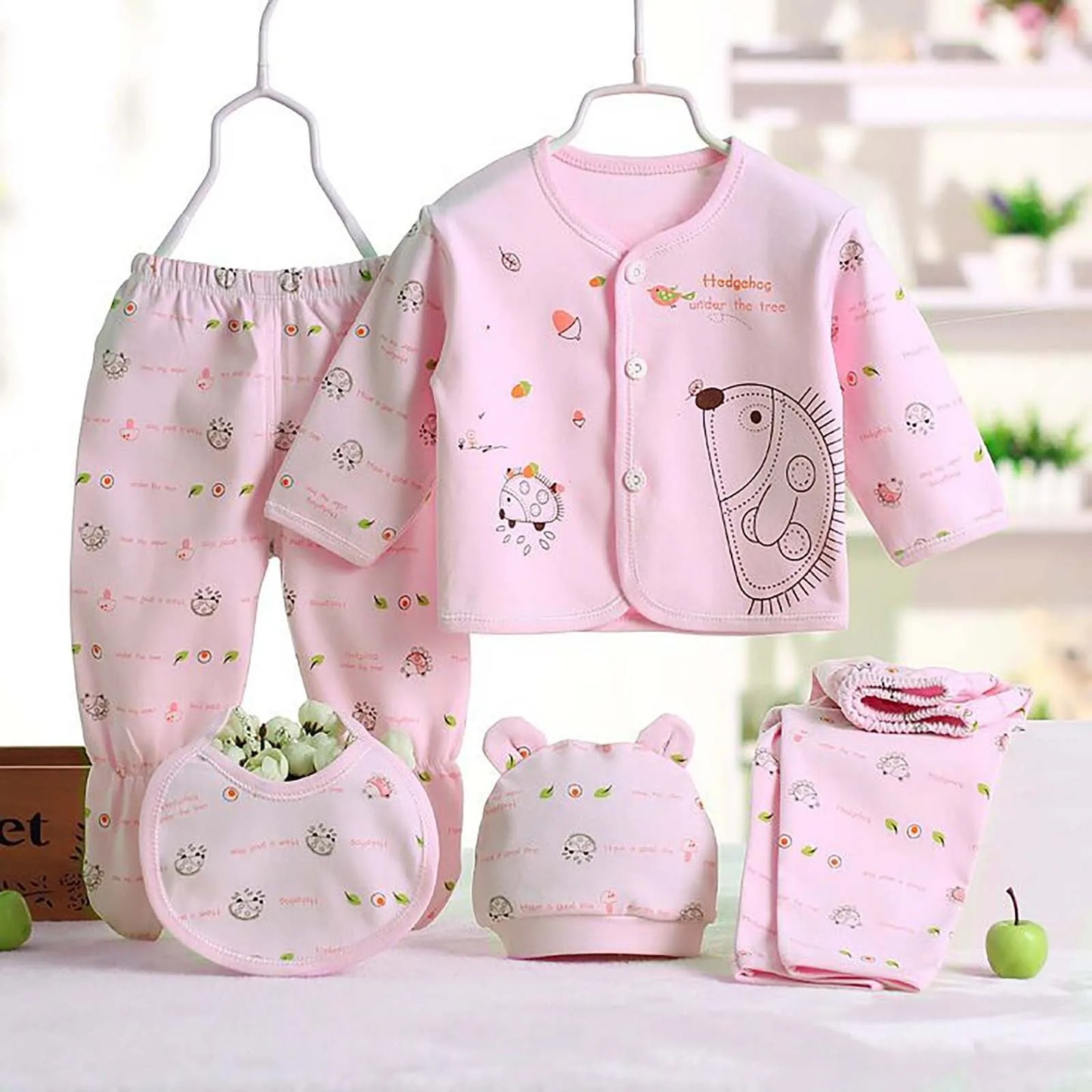 5PCS Newborn Baby Boy Girl Cartoon Long Sleeve Tops+Hat+Pants +Bib Outfit Set
