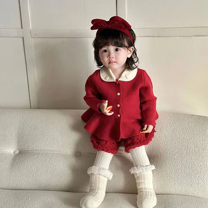 2024 New Autumn Winter Infant Baby Girls Clothing Set Long Sleeved Knitted Cardigan+Shorts Toddler Baby Knitted Clothes Suit