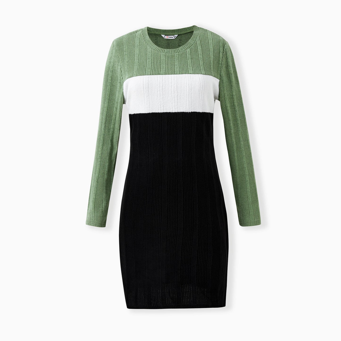 PatPat Family Matching Sets Green Color Block Long Sleeves Ribbed Tops/Dress/Romper