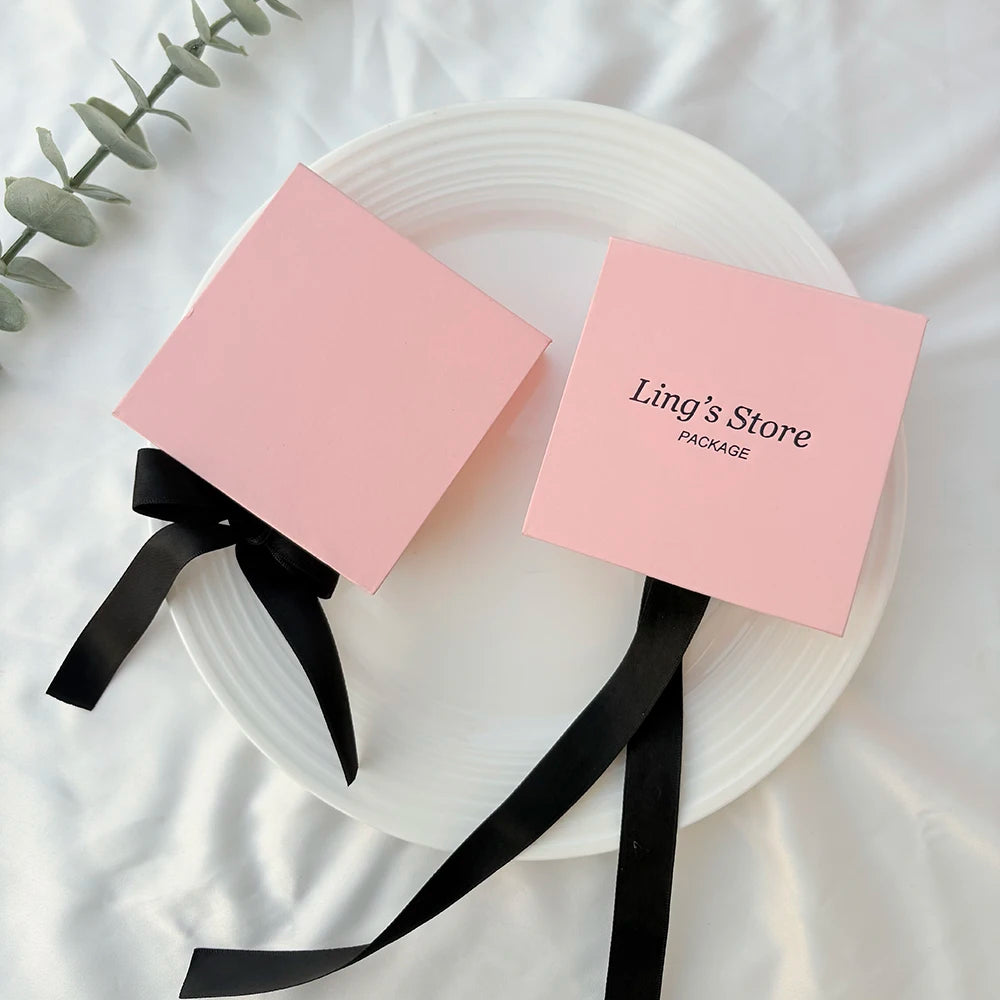 50pcs Pink Personalized Logo Jewelry Flap Bowknot Box Earrings Ring Perfume Watch USB Keychain Organizer Velvet Bag Storage Sack