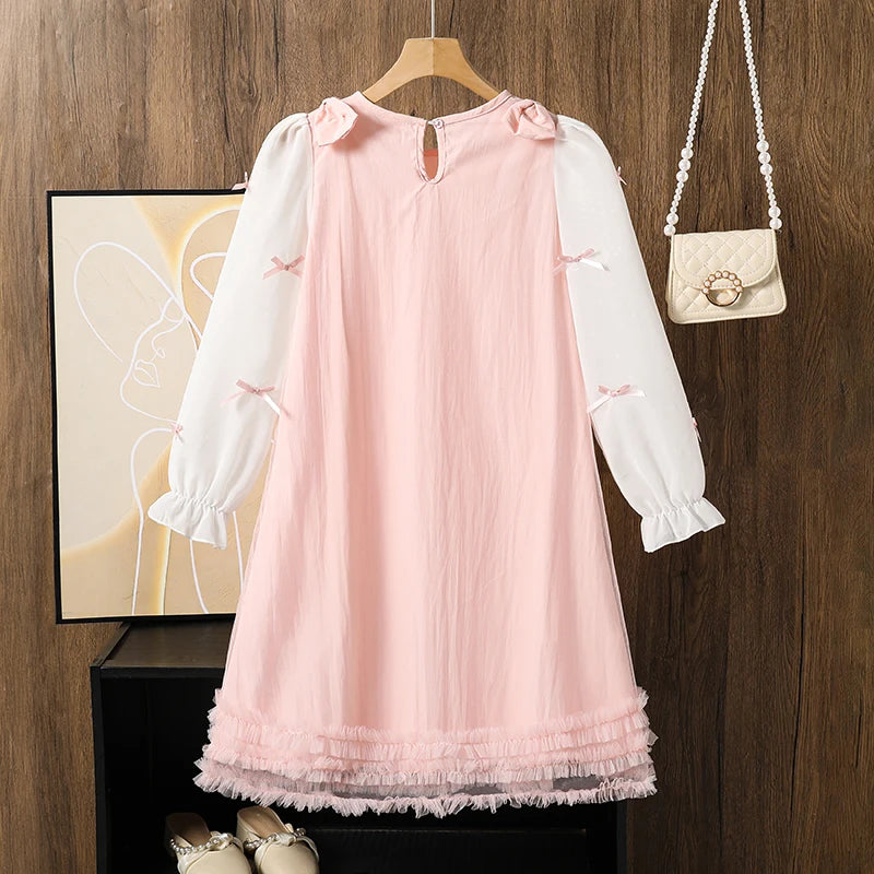2025 Kids Clothing Autumn New Dress Pink O-Neck Long Sleeve A-Line Dress For Girls 8-12 Years Pretty Princess dress Party Set