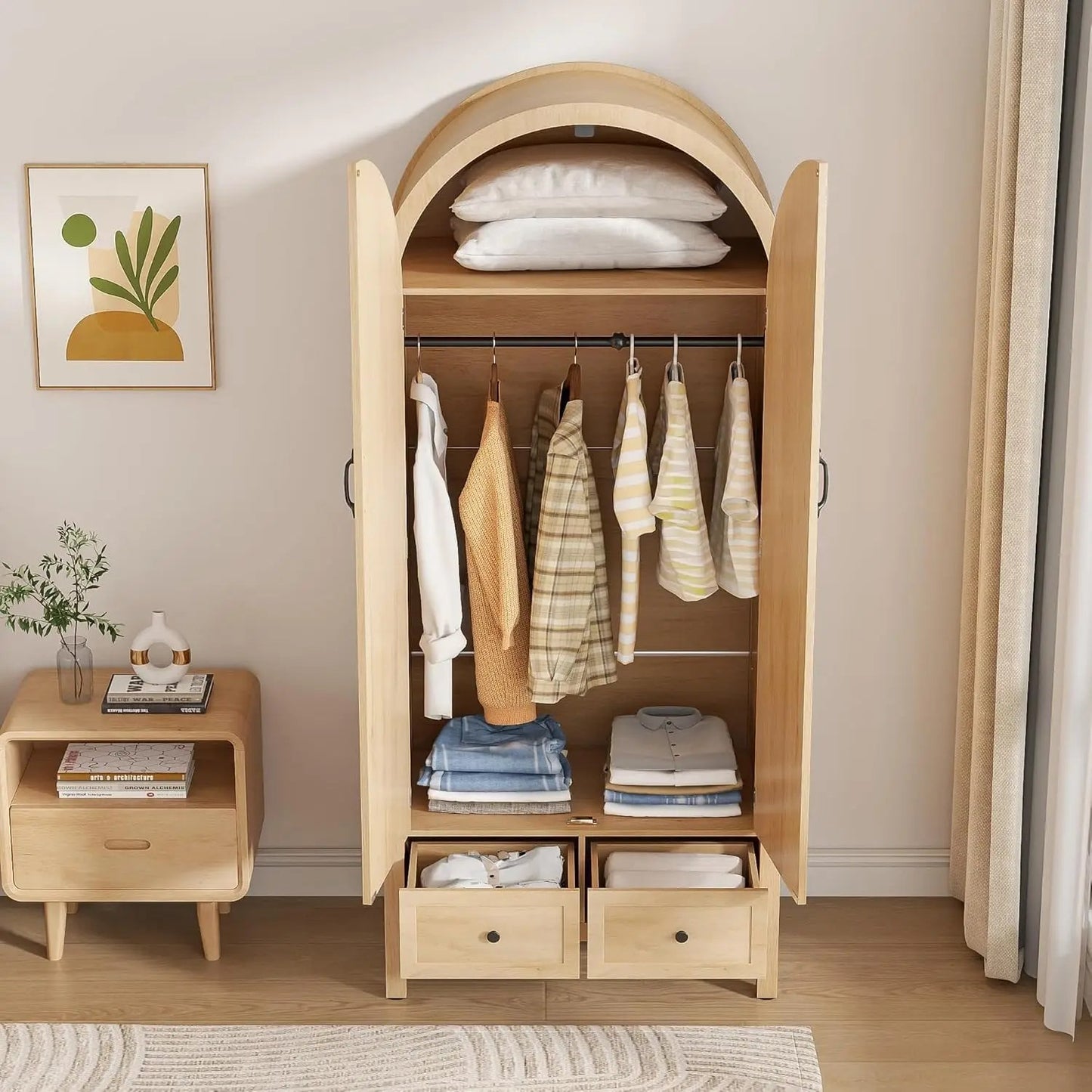 70.87'' Wood Armoire w/2 Arched Fluted Doors, Drawers &amp; Shelves, Hanging Rod for Bedroom (Wood Color)