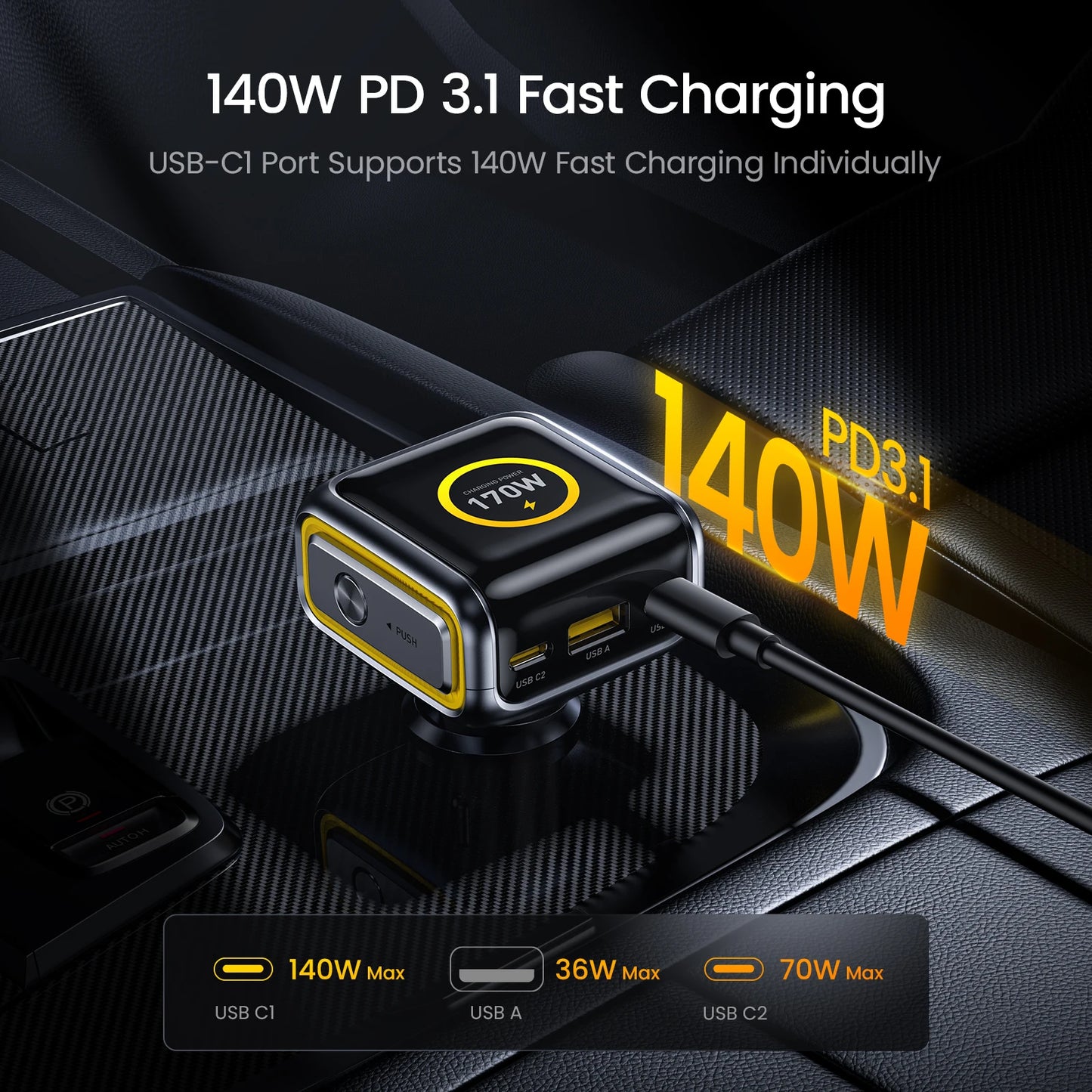 AOHI THE FUTURE Car Charger  AI PD GAN+ 170W 3-Port LED Display Fast Car Charger