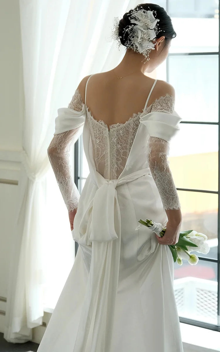 Wedding Dresses For Parties   Satin One Shoulder French Style New Suspender Simple Trailing Lace Dress