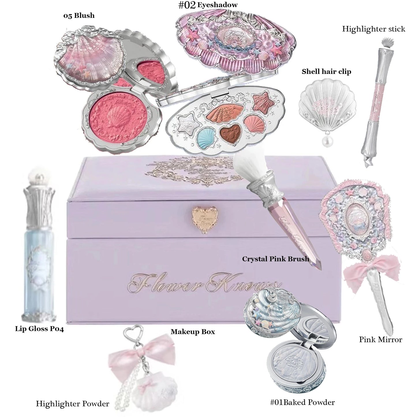 Flowerknows Shell Jewelry Gift Set Makeup Kit Full Professional Glitter Eyeshadow Palette Blush Baked Powder 10pcs Kits