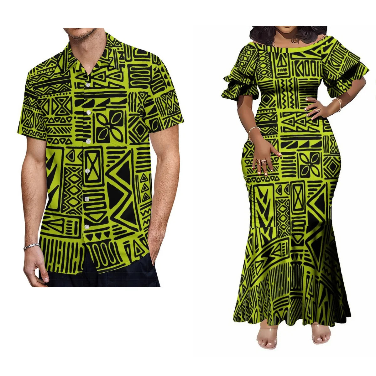 Custom Polynesian Tribal Couple Set Samoan Women'S Temperament Slim Dress Women'S Mermaid Maxi Skirt Men'S Shirt