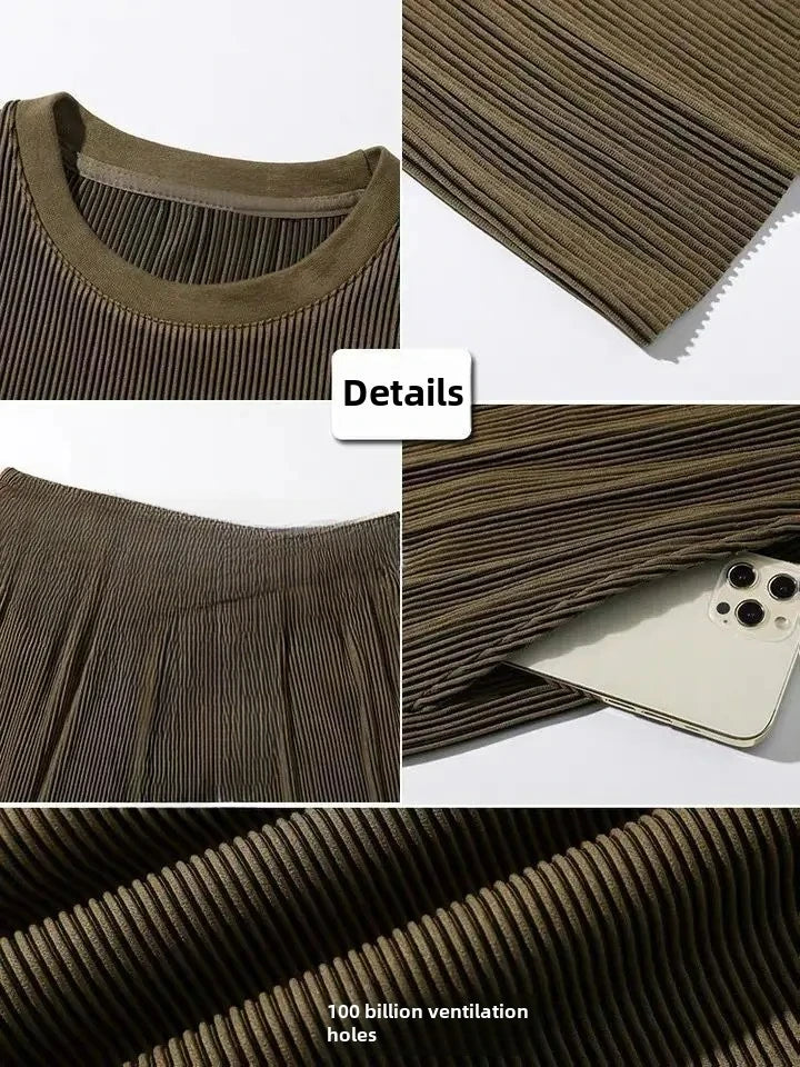 Men's Wrinkled Ice Silk Sports Set 2026 Summer New Short sleeved Long Pants Two piece Set Fashionable Breathable and Cool