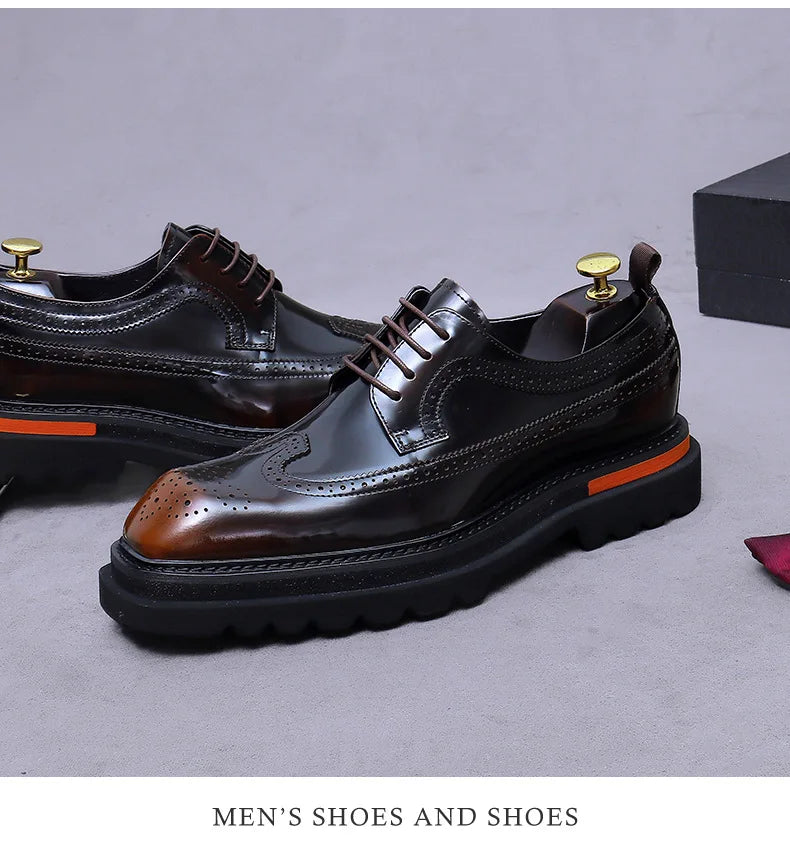 Men's Brogue Platform Oxford Shoes Genuine Leather Thick Sole Formal Dress Shoes for Men Business Casual Lace Up Luxury Oxfords