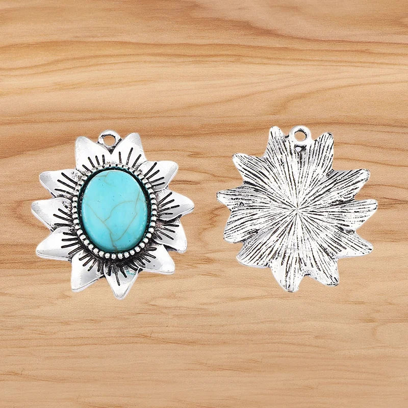 4 Pieces Tibetan Silver Color & Turquoise Crystal Hollow Charms Pendants For DIY Necklace Jewelry Making Accessories