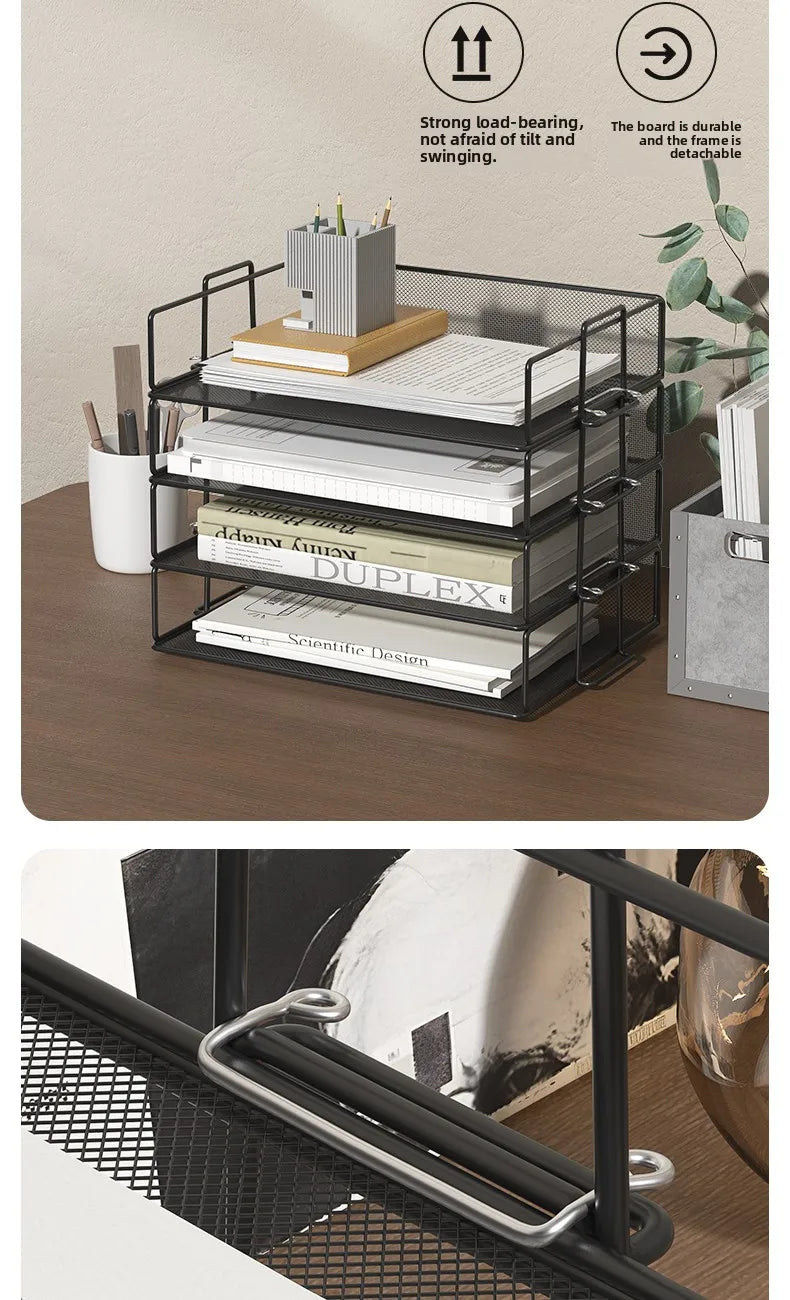 Stackable Paper Tray Desk Organizer, 4-Tier Metal Mesh Letter Organizers for School Multi-Functional Desktop Storage
