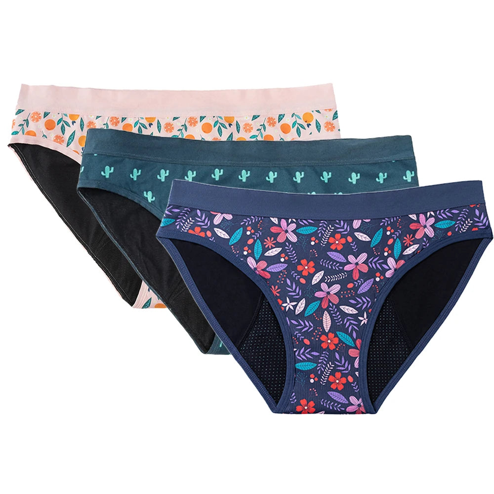 3PCS/Lot Girls Cotton Menstrual Panties For Teenager Printing Fabric Underwear 4-Layers Medium Flow Absorption Panties for Girls