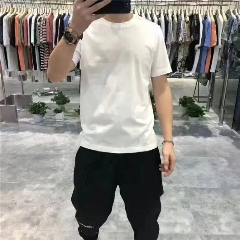 Vintage Daily Stand Neck T-shirt Men's Solid Patchwork Button Trendy Temperament Simple Cotton Long Sleeved Top JJ356