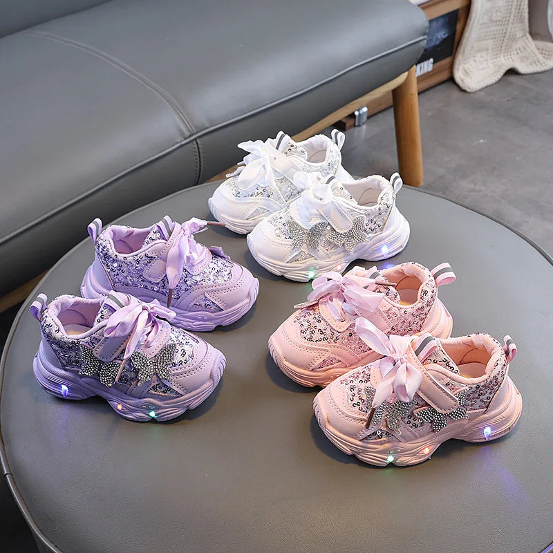 Children Shoes 2026 New Spring Toddler Girls Sport Shoes Bling Bling Soft Sole Breathable Outdoor Tennis Fashion Kids Sneakers