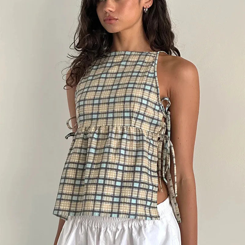 Cute Women Y2k Babydoll Tank Top Cute Tie Up Side Sleeveless Peplum Top Vintage Plaid Solid Cami Tank Top Coquette Streetwear