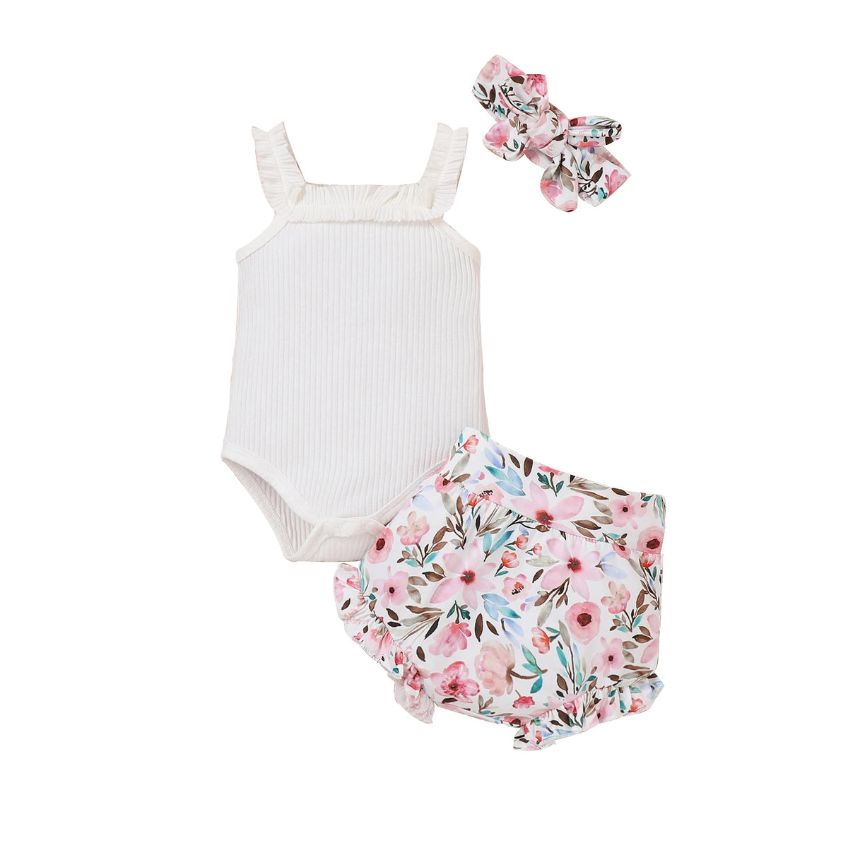 Summer Boys and Girls Are Comfortable and Cute 0-1 Years Old, Three-Piece Set with Pit Strip Suspenders + Shorts