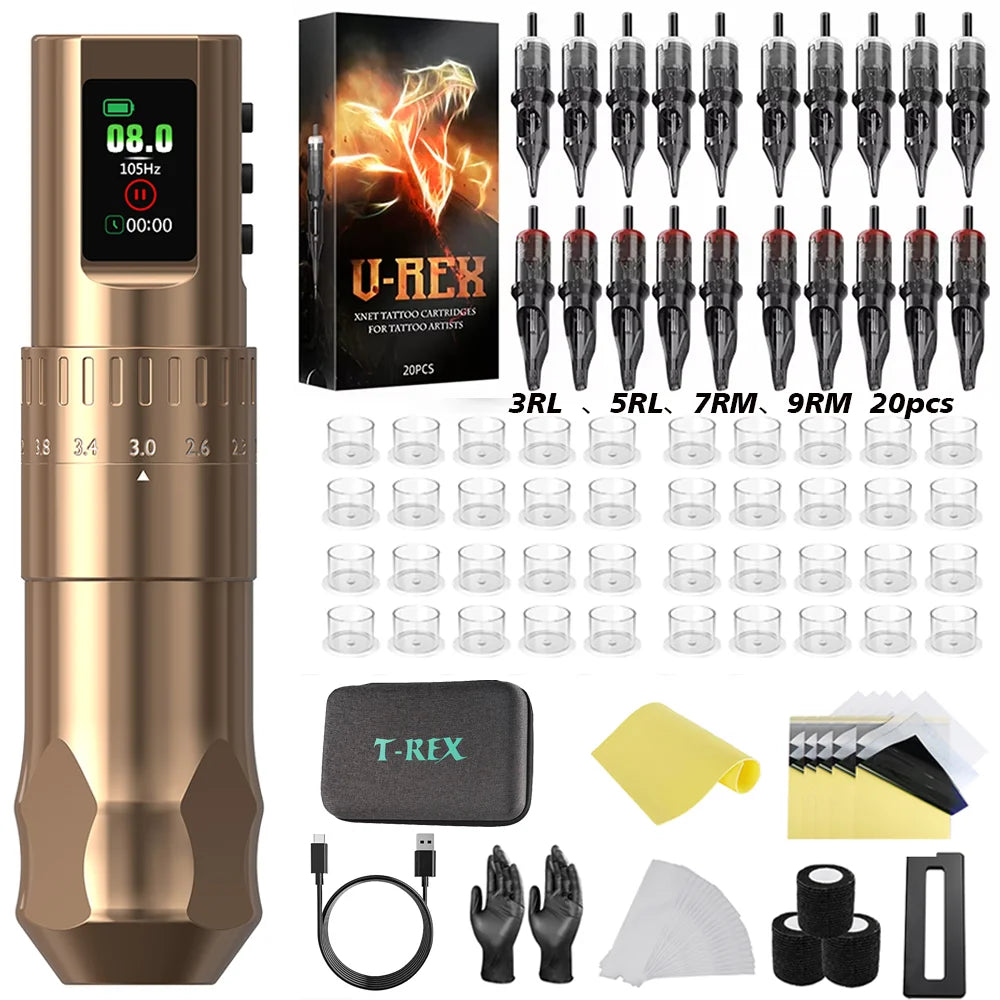 T-Rex D4 Wireless Tattoo Pen Complete Kit 2.0-4.2mm Adjustable Stroke Dot Work Mode 1600mAh Battery Full Tattoo Supplies Set
