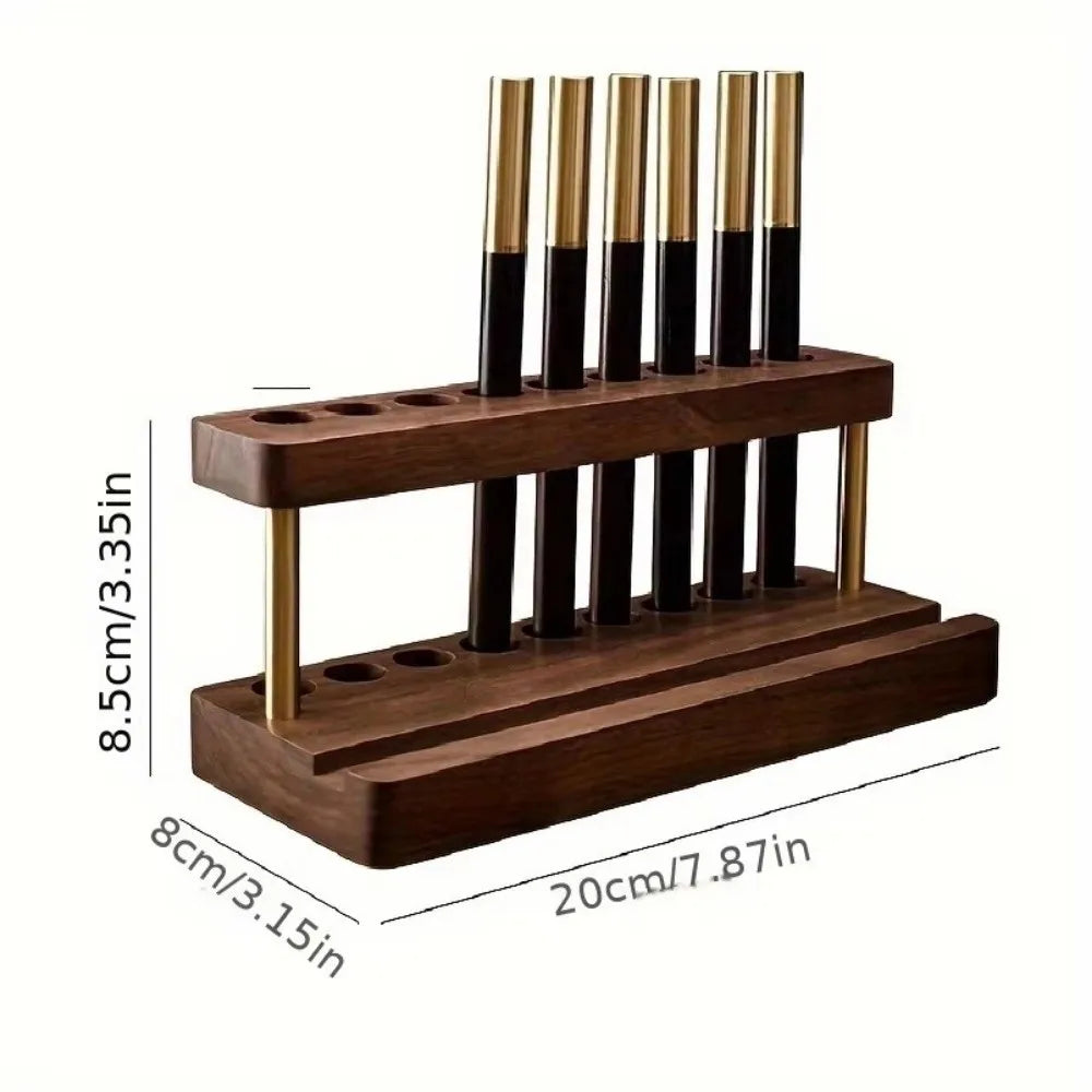 Modern Walnut Wood Pen Holder 9 Slots Sleek Desk Organizer Phone Stand For Office School