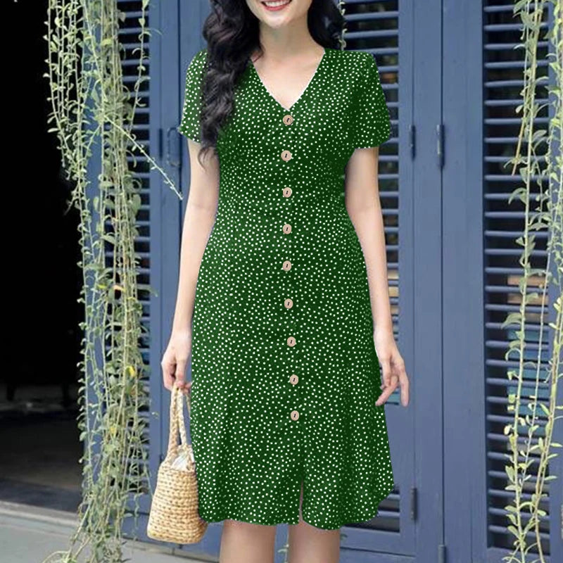 ZANZEA Women Summer Casual Dress 2025 Short Sleeve Polka Dot Bohemian Holiday Sundress V-Neck Loose Buttons Beach Vestidos Robe