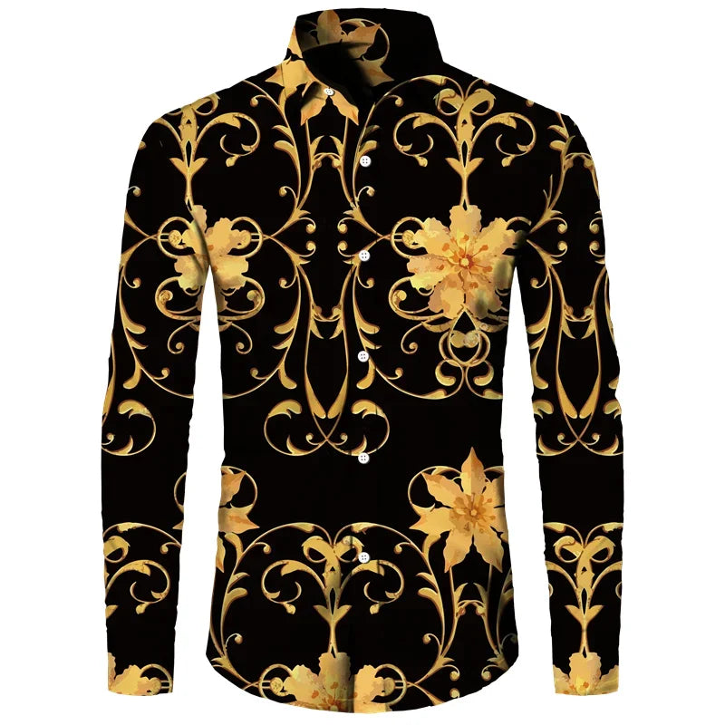 2024 New Luxury Golden Flower Chain 3D Print Men Lapel Button Shirts Long Sleeve Shirt Casual Mens Designer Clothing Streetwear