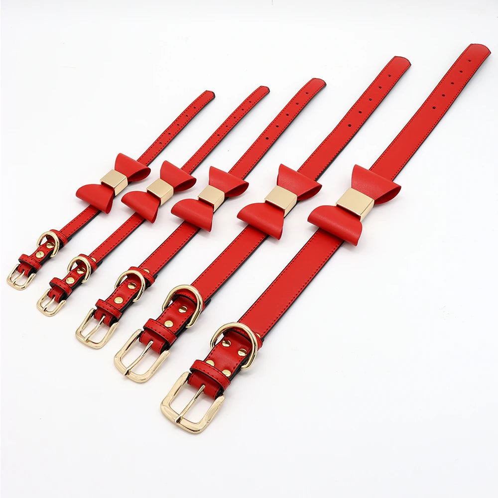 Cute Bowknot Custom Dog Collar PU Leather Puppy Dog Collars Adjustable Pet Cat Necklace With Bow tie for Small Medium Large Dogs