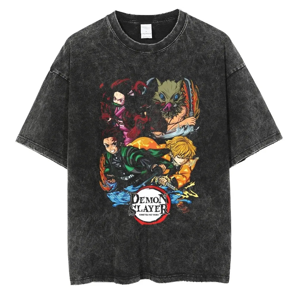 Hot Anime Demon Slayer Kokushibo Graphic T-Shirt Men Women Manga Tshirts Washed Cotton T Shirt Harajuku Unisex Vintage Top Tees